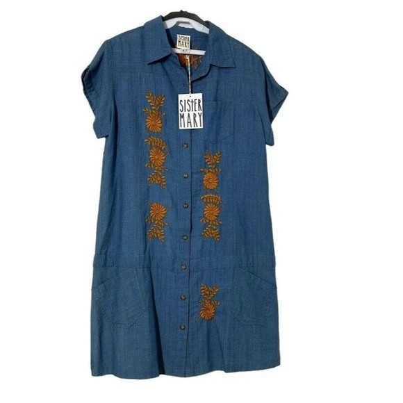 Sister Mary Dresses & Skirts - Sister Mary Abigail Embroidered  Short‎ Sleeve Linen Shirt Dress Small floral